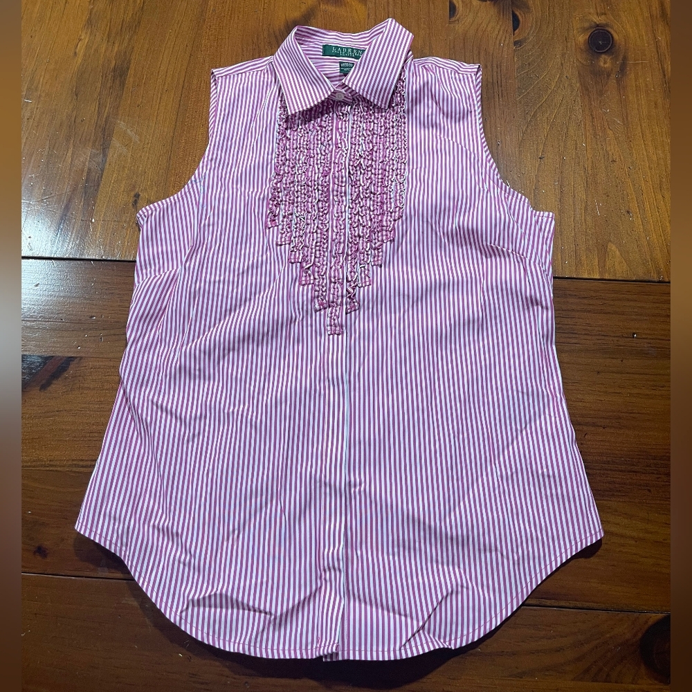 Lauren Ralph Lauren Petite Womens Pink White Pin Stripe Button Up Ruffle‎ Top 6P
